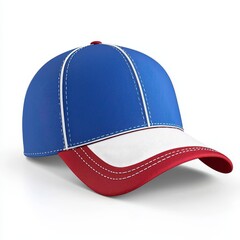 Blue Baseball Cap with Red and White Accents on White Background