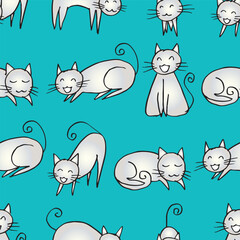 Seamless pattern with cute cartoon cats on a blue background.