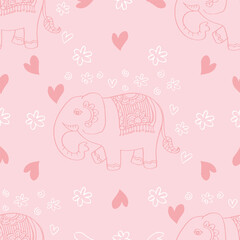 Seamless pattern with elephants and hearts.  Pink background. Vector illustration.