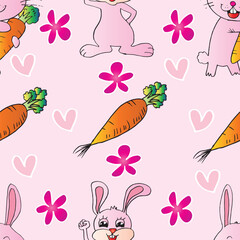 Seamless pattern with cute bunny and carrots. Pink background. Vector illustration.
