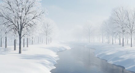 Obraz premium Serene Winter's Embrace: 3D Render of a Frost-Kissed River and Snow-Covered Trees AI Generated