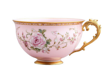 Close up of a pink teacup with floral design and golden handle trim