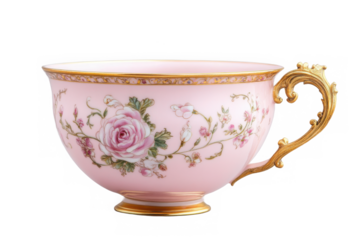Close up of a pink teacup with floral design and golden handle trim