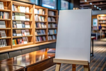 Blank canvas mockup on wooden easel in cozy bookstore interior. Realistic template for poster design, artwork presentation, or educational content display.