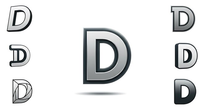 3D Rendered Letter D: Variations in Metallic Gray and Black AI Generated
