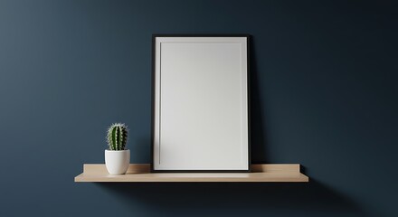 Modern Minimalist Mockup: Empty Frame on a Dark Teal Wall Shelf AI Generated