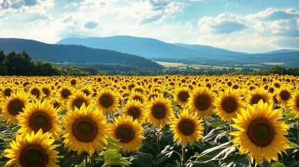 Fototapeta premium Lush sunflower field stretches across a valley, with mountains in the background.