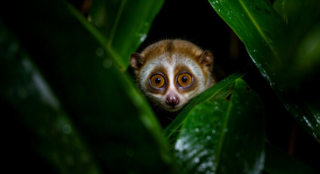 Slow loris with wide eyes peeking through wet green jungle leaves at night