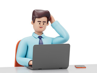 A man sits at a desk with a laptop, hand on head, symbolizing contemplation and work. 3D rendering, conceptual image. Isolated on white background.