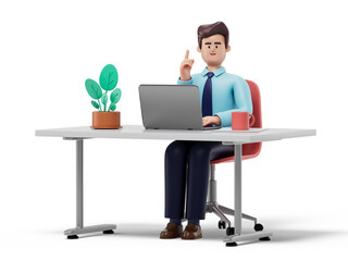 A man at a desk with a laptop, pointing upwards, symbolizing an idea or solution. 3D rendering, conceptual image. Isolated on white background.