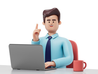 A man at a desk with a laptop, pointing upwards, symbolizing an idea or solution. 3D rendering, conceptual image. Isolated on white background.