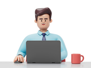 A man sits at a desk, hands on laptop, symbolizing focus and productivity. 3D rendering, conceptual image. Isolated on white background.