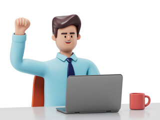 A man seated at a desk, raising his hand, symbolizing success or readiness. 3D rendering, conceptual image. Isolated on white background.