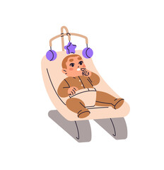 Infant in chaise lounge looking, plays with pendant toys. Newborn sits in bouncer, has fun with baby mobile. Cute kid in diaper lying in rocking chair. Flat isolated vector illustration on white