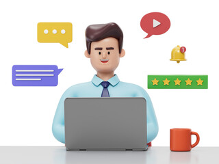 A man at a desk with a laptop, surrounded by communication icons, symbolizing digital interaction. 3D rendering, conceptual image. Isolated on white background.