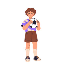 Cute kid in sportswear plays football. Happy boy stands, holds ball in hands. Young soccer player training, does sports workout for game, match. Flat isolated vector illustration on white background
