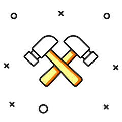 Filled outline Crossed hammer icon isolated on white background. Tool for repair. Flat filled outline style with shadow. Vector