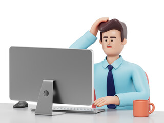 A man sits at a desk, hand on head, looking at a computer, symbolizing contemplation or a break. 3D rendering, conceptual image. Isolated on white background.