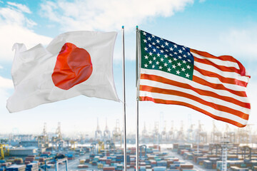 United States and Japan Flags Waving at Port – International Trade and Economic Partnership...