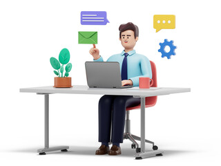 A man at a desk with a laptop, holding an envelope, surrounded by communication icons, symbolizing digital and traditional correspondence. 3D rendering, conceptual image. Isolated on white background.