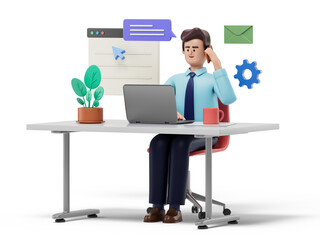 A man at a desk with a laptop, speaking on the phone, symbolizing multitasking and communication. 3D rendering, conceptual image. Isolated on white background.