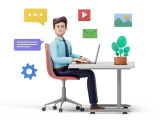 A man works on a laptop at a desk, surrounded by icons, symbolizing productivity and digital connectivity. 3D rendering, conceptual image. Isolated on white background.