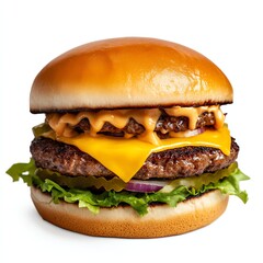 a double cheeseburger with dripping cheese clipart, indulgent fast food, cartoon bold style, isolated on white background