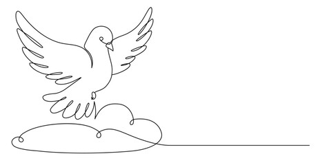 Flying Dove in Sky. One Continuous Line. Pigeon Bird Symbol of Peace and Freedom, Pentecost. Simple Linear Drawing. Vector Illustration. Hand Drawn Line Art