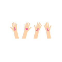 Breast cancer awareness hands. Human hands with pink ribbons support symbol.
