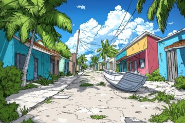 Deserted Tropical Street Pixel Art Colorful Buildings and Overgrown Vegetation Under Sunny Sky