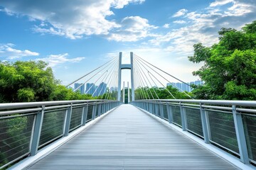 Obraz premium Beautiful pedestrian bridge surrounded by greenery and a clear blue sky in a city landscape