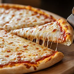 Cheese pizza being cut with rolling slicer, high detail food action