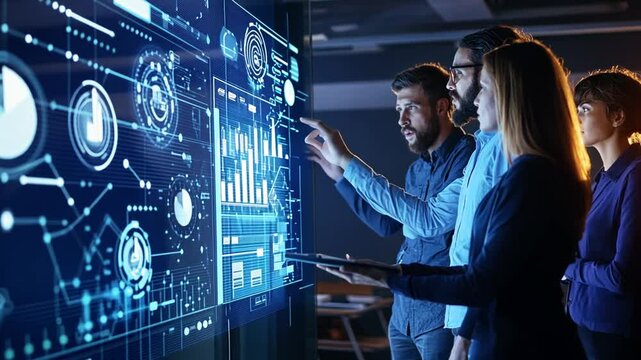 Team analyzing data visualization on digital screen for strategic business growth - Powered by Adobe