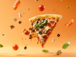 Cheesy pizza slice twirling midair with flying ingredients, 3D illustration