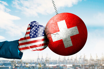 USA vs Switzerland Economic Conflict Concept – American Boxing Glove Punching Swiss Wrecking Ball