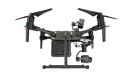 Side view of black drone with searchlight. Isolated on a transparent background. 3D illustration.