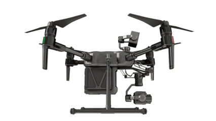 Side view of black drone with searchlight. Isolated on a transparent background. 3D illustration.
