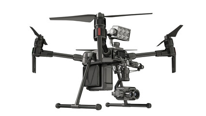 Black drone-searchlight. Isometric view. Isolated on a transparent background. 3D illustration.