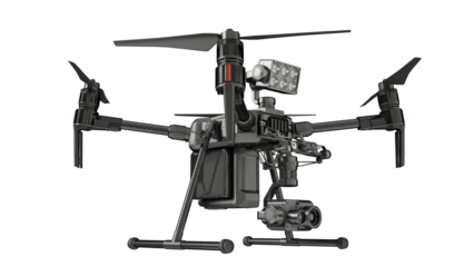 Black drone-searchlight. Isometric view. Isolated on a transparent background. 3D illustration.