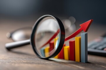 Magnifying Glass Over Bar Graphs with Rising Trend and Calculator on Wooden Table