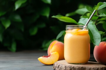Fresh Peach Smoothie in Jar Surrounded by Green Leaves and Juicy Peaches on Wooden Table