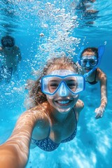Naklejka premium Happy Friends Snorkeling Underwater, Sharing a Selfie