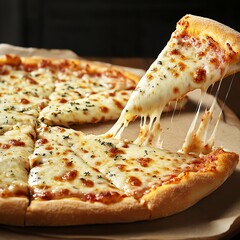 Cheesedripping slice being pulled from large pizza, paper liner below, 3D illustration