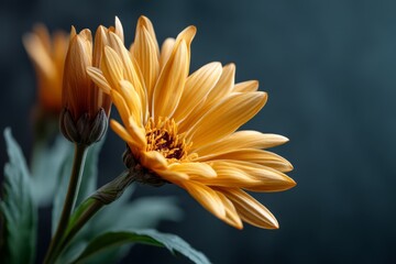 Fototapeta premium Vibrant Orange Flower with Soft Petals Against a Dark Background in Natural Light