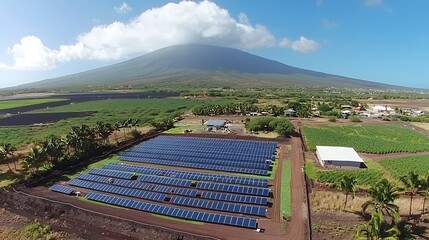 Aerial View of Rural Solar Farm with Volcanic Mountain Background