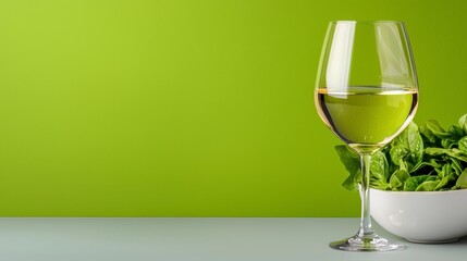 Elegant White Wine Glass and Green Garnish on a Vibrant Green Background
