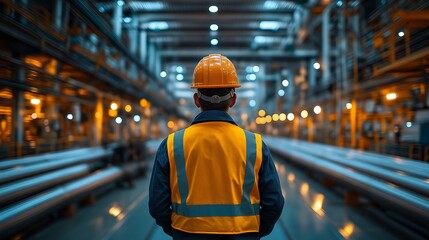 A worker in a safety vest and hard hat stands indoors facing bright factory lights and steel pipes