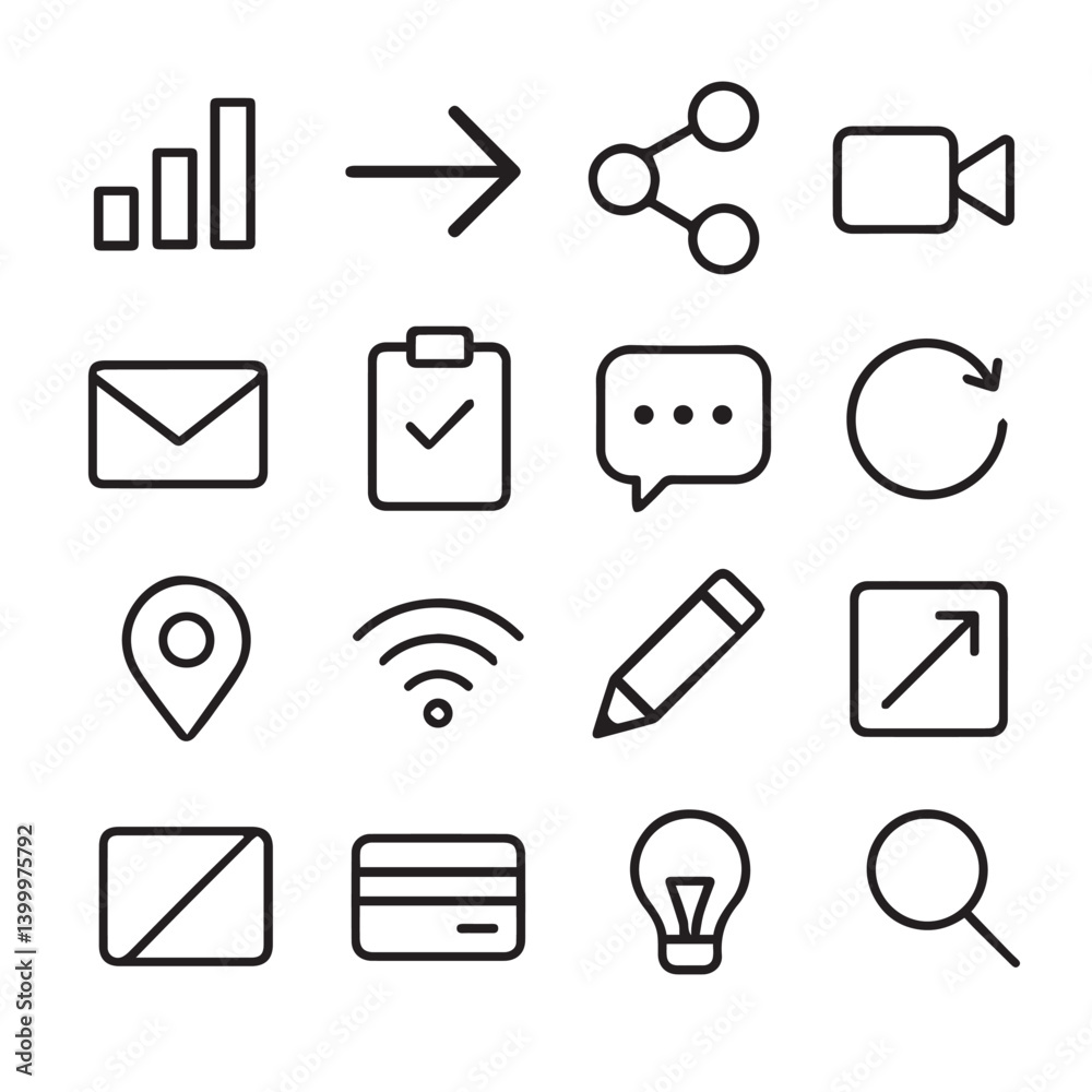 Poster modern icon set: streamlined, minimalist icons representing various digital and communication functi