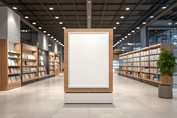 Vertical poster mockup with wooden frame in bright modern bookstore. Clean retail environment ideal for showcasing book promotions and advertising campaigns.