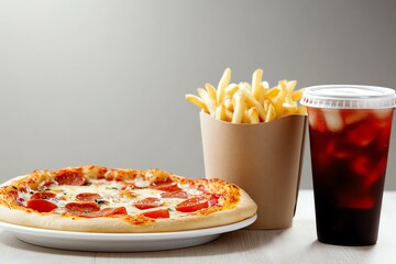 Fast food pizza combo with fries and soda, modern packaging design